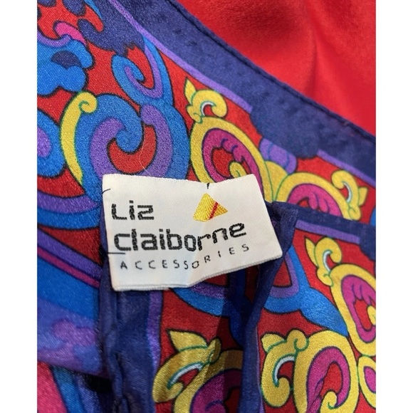 Liz Claiborne Silk Square Scarf Blue Red Yellow Floral Geometric 31" x 31" Vtg - Picture 2 of 7